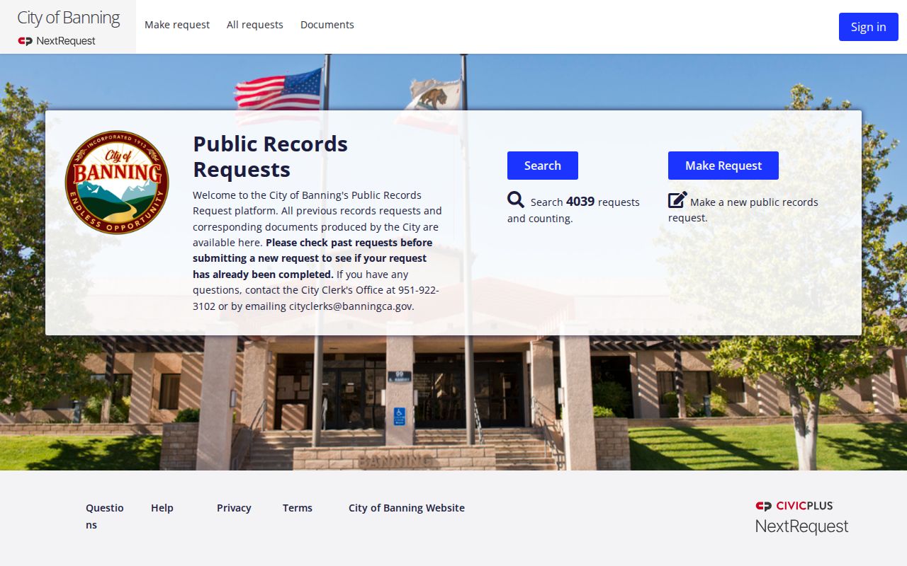Banning residents directory view of the city public records request portal