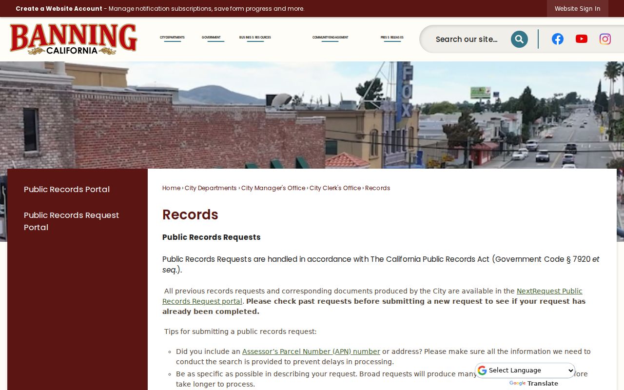 Banning residents directory view of the city Laserfiche public records library