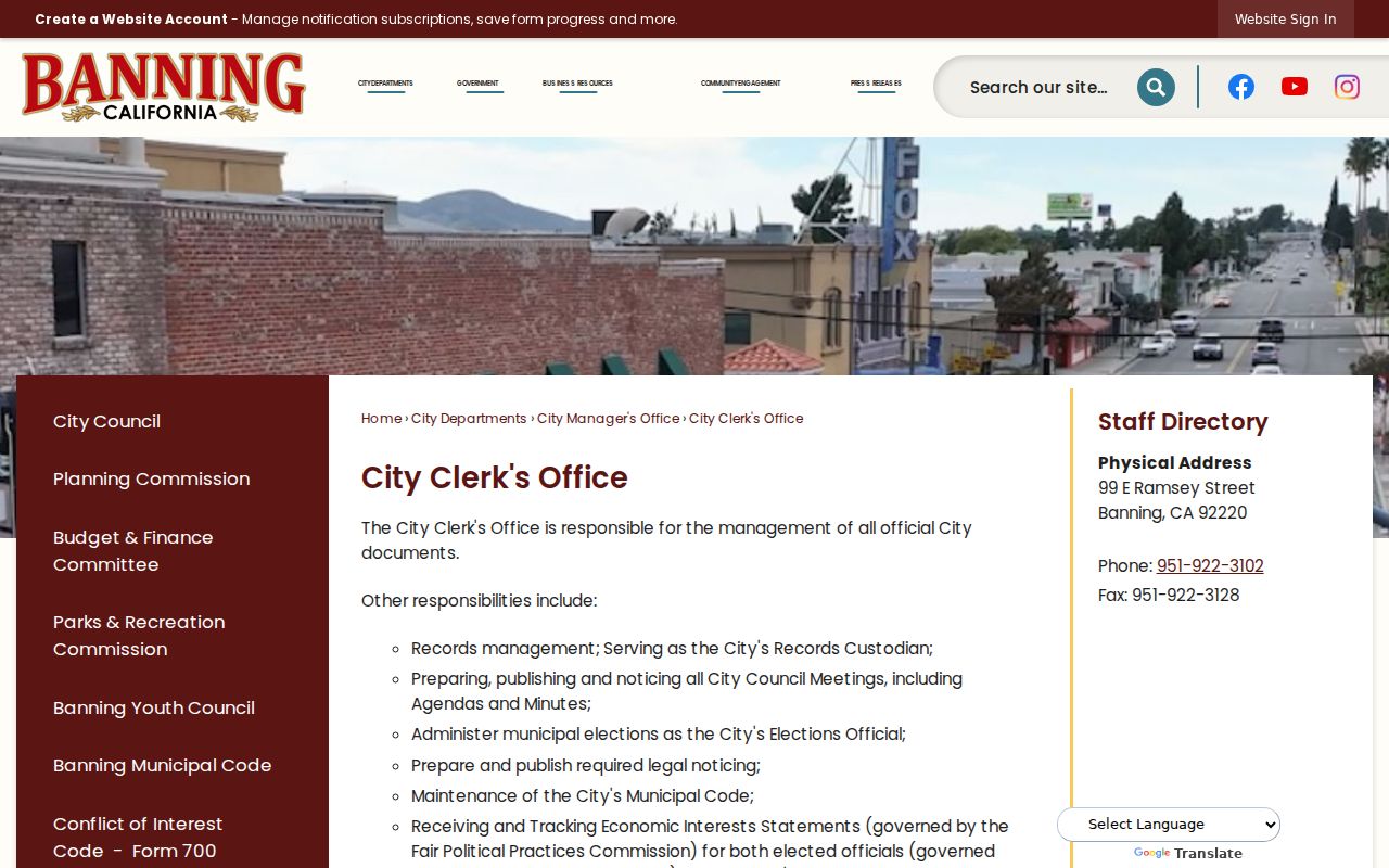 Banning residents directory City Clerk records office
