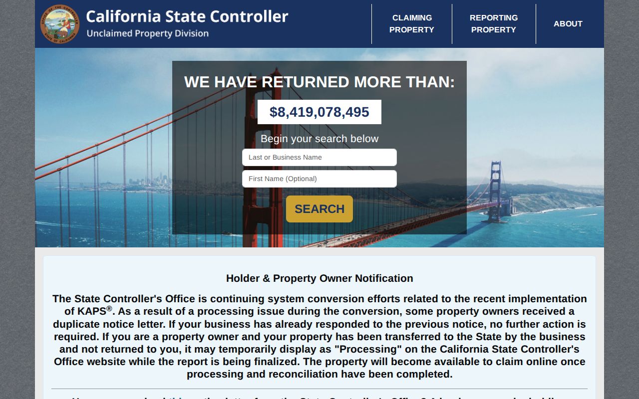 Banning resident lookup California unclaimed property name search