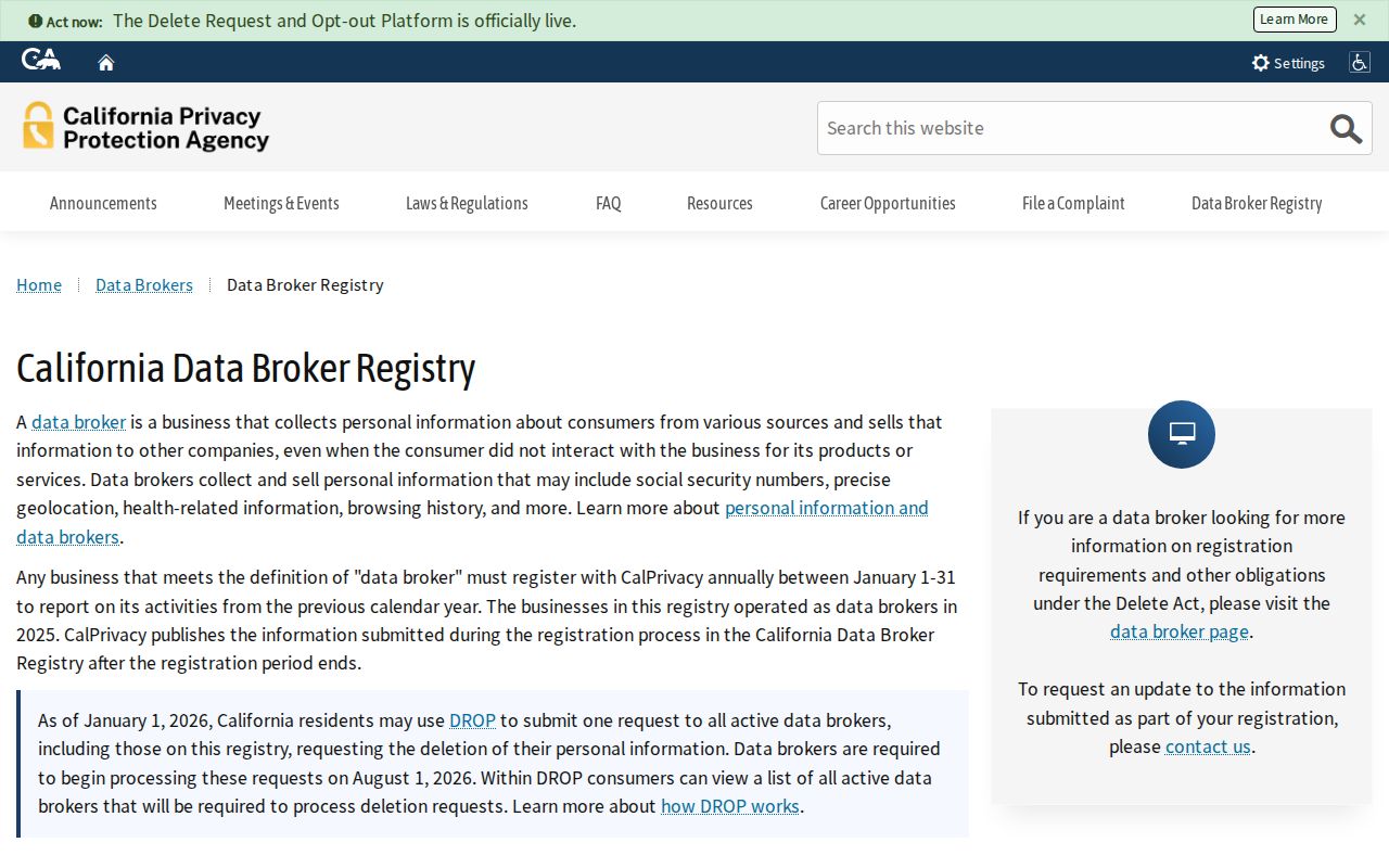 Banning resident lookup California data broker registry